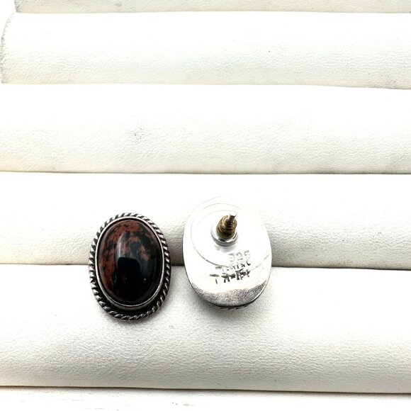 Vintage Taxco Mexico Mohagany Jasper Sterling silver Pierced Earrings 3/4 Inch - Picture 4 of 4